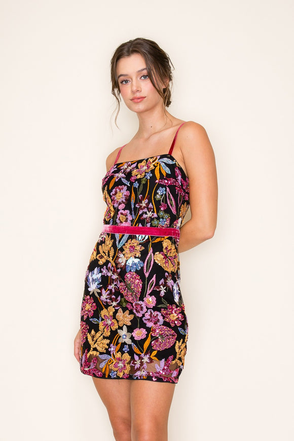 Black Multi Floral Sequin Dress