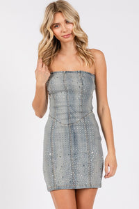 Stretchy Strapless Rhinestone Denim Dress