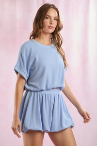 Ribbed Cuff Short Sleeve Set w/ Bubble Hem Top