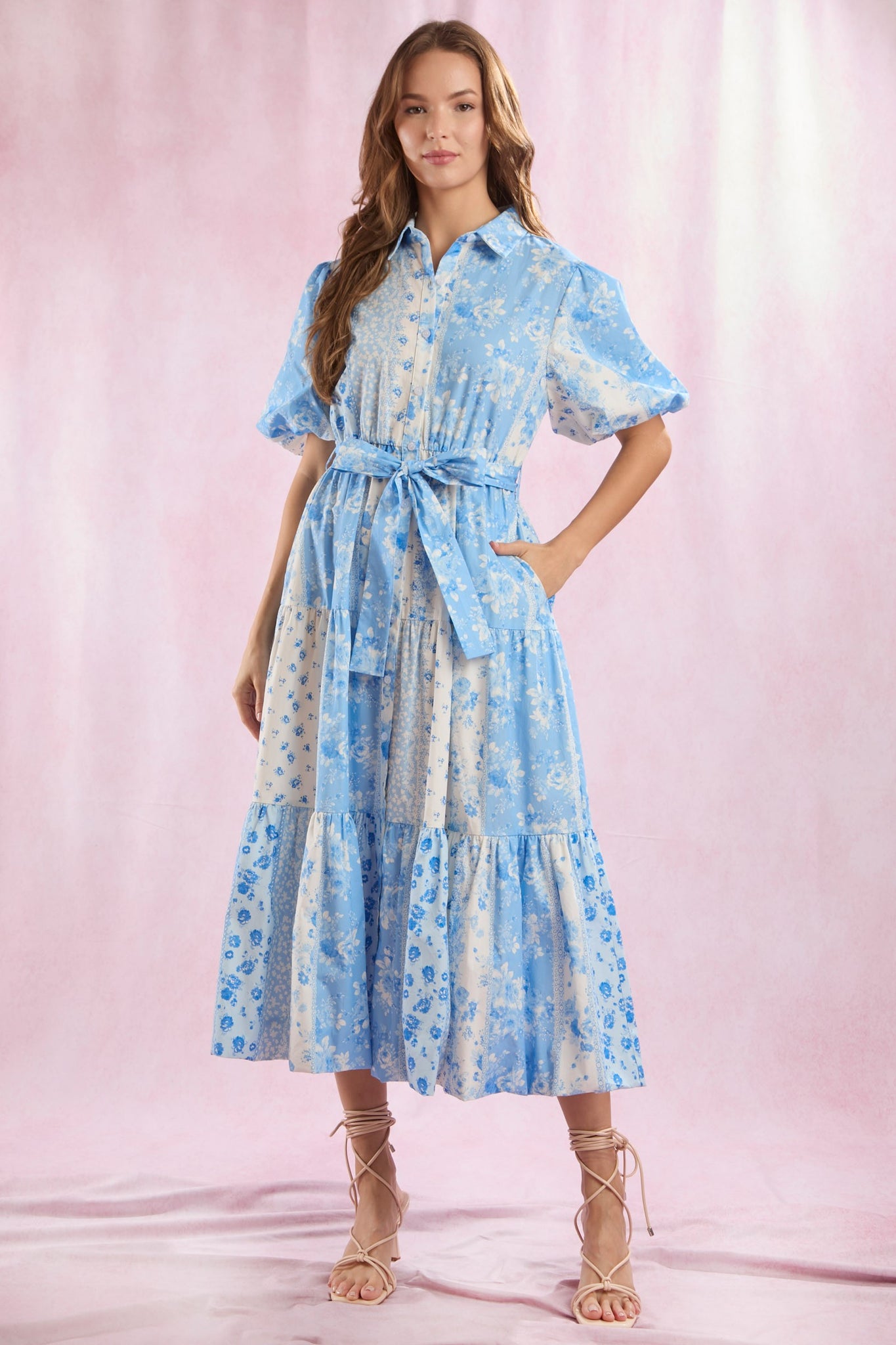 Blue Floral Patchwork Midi Dress Fashion Cupcake Blue Floral Patchwork Midi Dress Fashion Cupcake