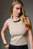 Brown Cashmere Blend Sleeveless Turtle Neck Top