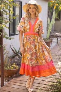 Neon Palm Print Color Block Midi