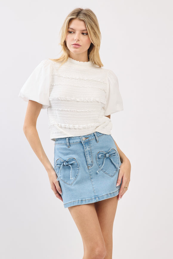 White Textured Puff Sleeve Top