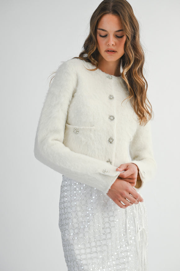 Fuzzy Knit Jewel Button Front Cardigan
