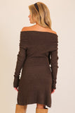Brown Bow Off Shoulder Fitted Dress