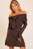Brown Bow Off Shoulder Fitted Dress