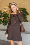 Brown Bow Off Shoulder Fitted Dress