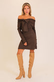 Brown Bow Off Shoulder Fitted Dress