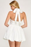 White Satin Bubble Mini Halter Dress