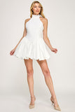 White Satin Bubble Mini Halter Dress