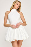 White Satin Bubble Mini Halter Dress