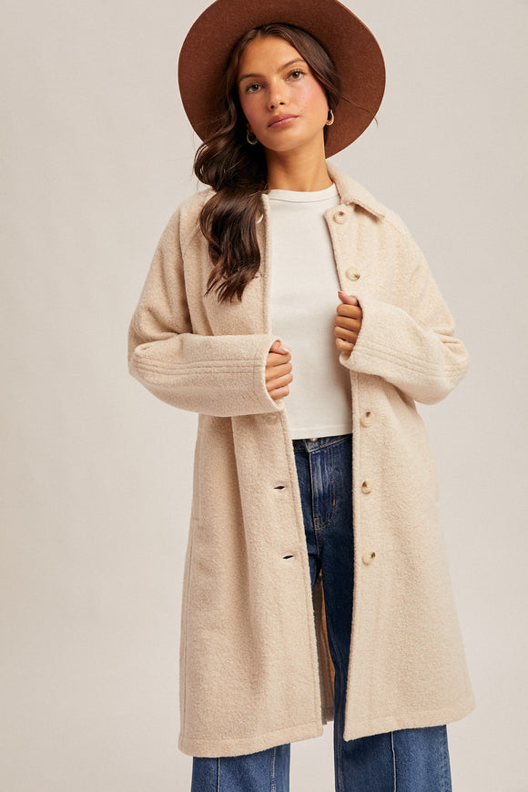 Cream Teddy Long Button Front Coat