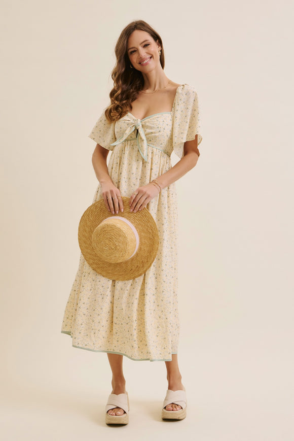 buttercream midi dress Butter Cream Tie Front Floral Smocked Midi Dress