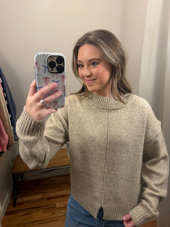 Taupe Ribbed Hem Crewneck Sweater