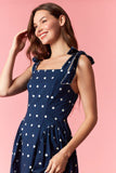 Navy Polka Dot Scalloped Tie Dress