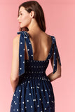 Navy Polka Dot Scalloped Tie Dress