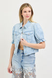 Floral Denim Puff Sleeve Cropped Jacket