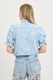 Floral Denim Puff Sleeve Cropped Jacket