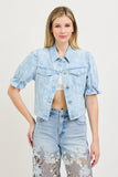 Floral Denim Puff Sleeve Cropped Jacket