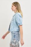 Floral Denim Puff Sleeve Cropped Jacket