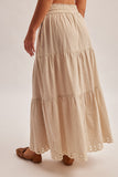 Neutral Striped Embroidered Hem Midi Skirt