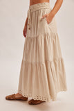 Neutral Striped Embroidered Hem Midi Skirt