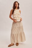 Neutral Striped Embroidered Hem Midi Skirt