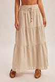 Neutral Striped Embroidered Hem Midi Skirt