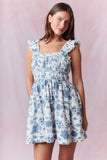 Blue Floral Print Denim Dress