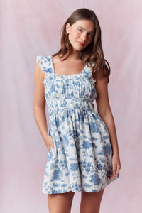 Blue Floral Print Denim Dress