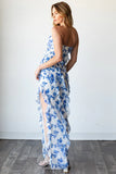 Blue Floral Frilled Side Slit maxi