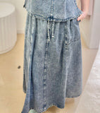 Washed Denim Elastic Waist Maxi Skirt