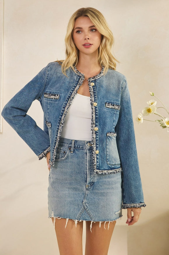 Tweed Trim Denim Jacket