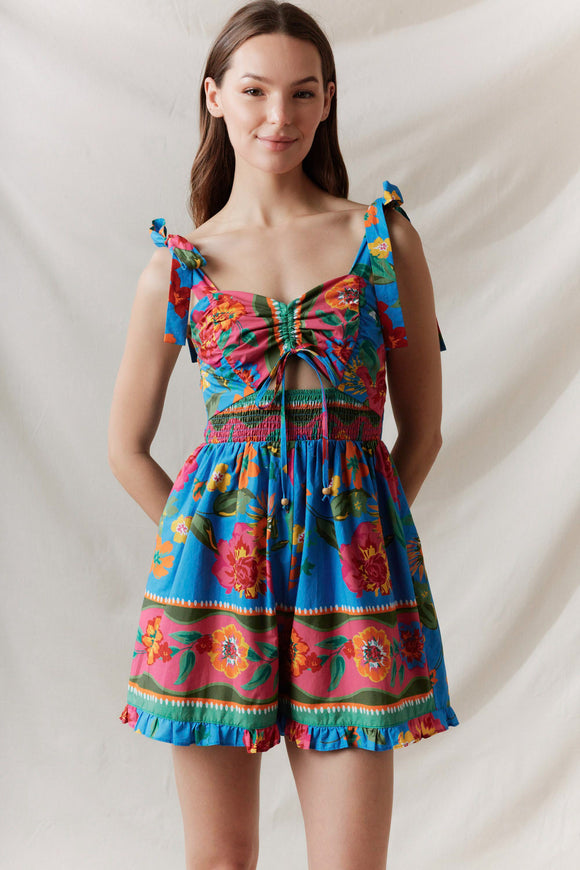 Blue & Pink Pattern Cinched Romper