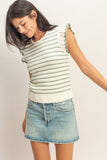 Sage Green Stripe Crochet Flutter Top