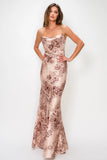 Floral Satin Cowl Neck Maxi Dress