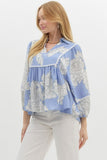 Blue & White Floral 3/4 Sleeve Top