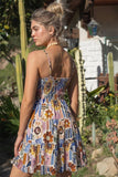 Brown & Blue Printed Tie Front Dress