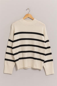 Cream & Black Striped Mock Neck Sweater