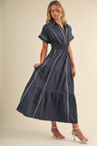 Navy Smocked Waist White Piping Midi