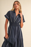 Navy Smocked Waist White Piping Midi