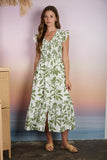 Floral Leaf Print Smocked Midi Dress