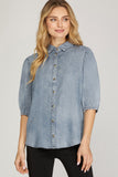 Denim Wash Tencel Puff Sleeve Top