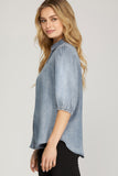 Denim Wash Tencel Puff Sleeve Top