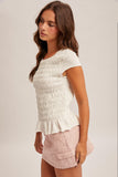 White Smocked Flutter Sleeve Top
