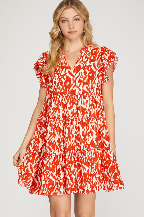 Red V-Neck Pattern Ruffle Sleeve Dress