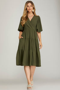 Olive Balloon Sleeve Midi Dress
