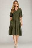 Olive Balloon Sleeve Midi Dress