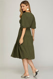 Olive Balloon Sleeve Midi Dress