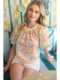 Multi Color Embroidered Puff Sleeve Top